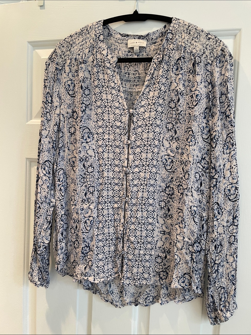Lucky Brand Blue and White Printed Semi Sheer Blouse L